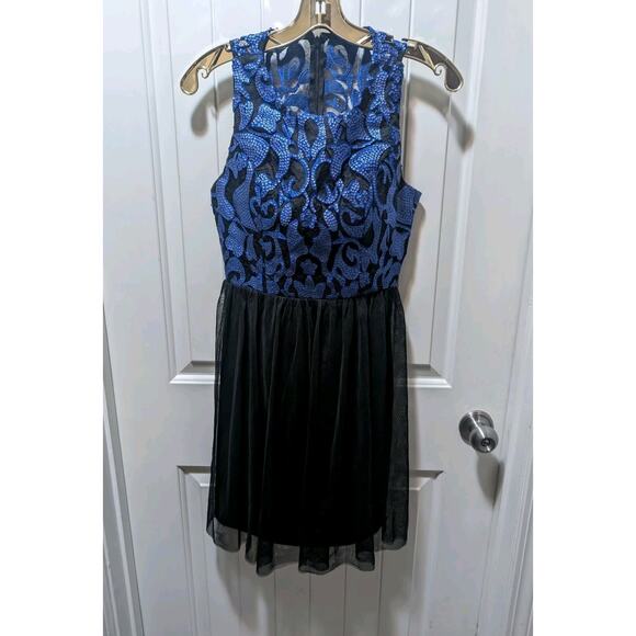 Minuet Blue Sequin Black Lace Formal Sleeveless Mini Dress Size S Prom Hoco - Picture 1 of 9